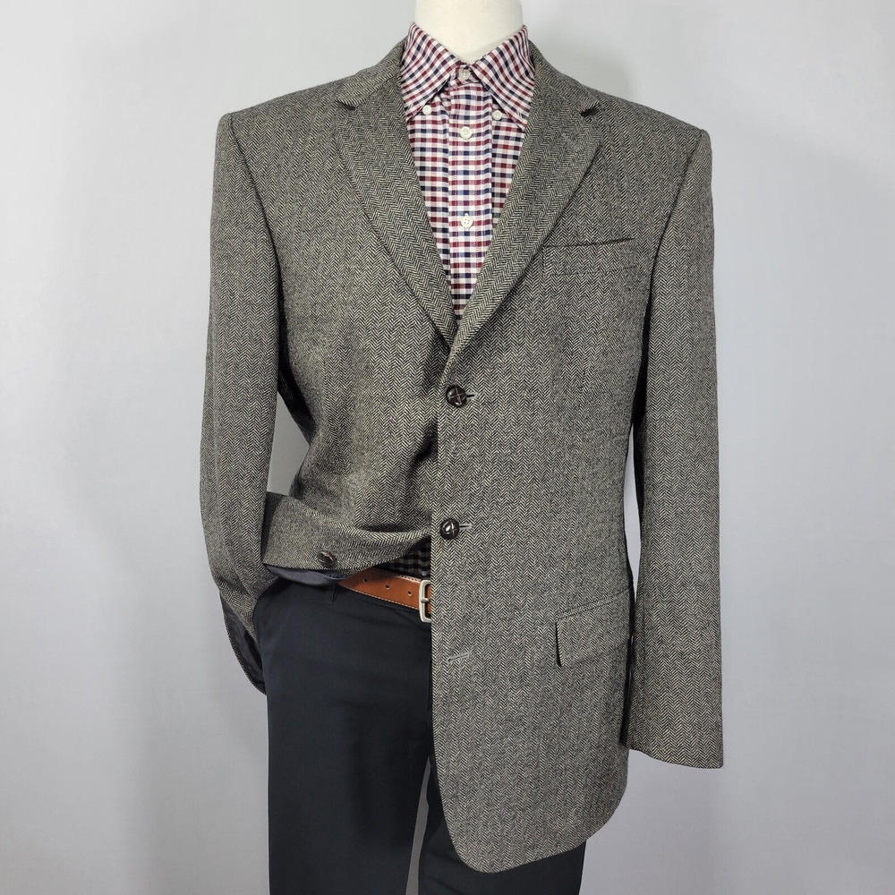 Merona Men's Tweed Sport Coat Blazer Three Button‎ Brown Herringbone Wool Sz 44L